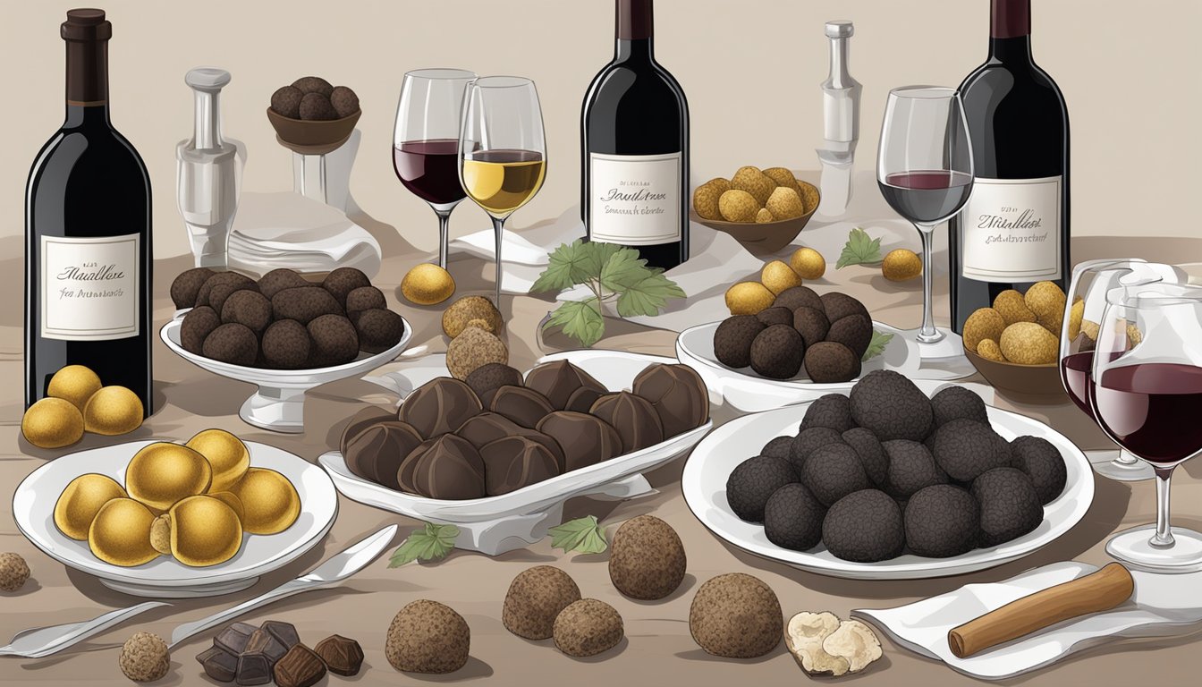 A table set with various truffle varieties and wine bottles for pairing