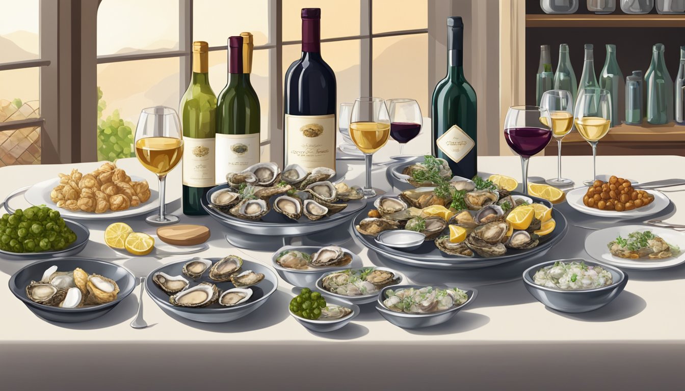 A table set with a variety of cooked oyster dishes, surrounded by bottles of wine and wine glasses