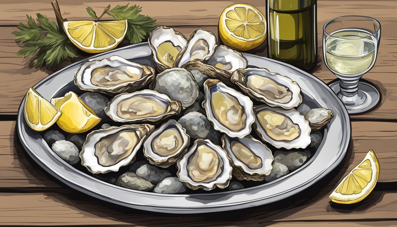 A table set with a platter of fresh oysters, accompanied by a bottle of white wine and various condiments such as lemon wedges and mignonette sauce