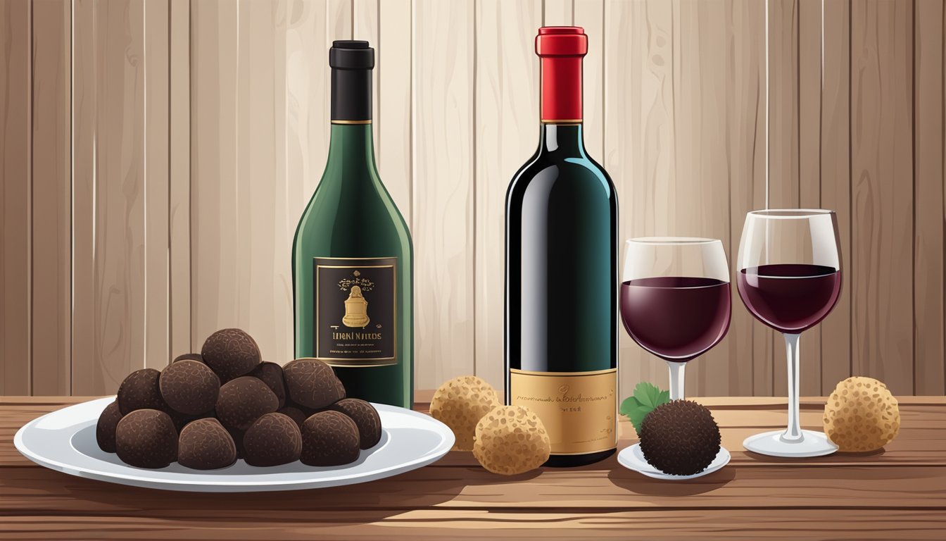 A bottle of red wine next to a plate of truffles on a wooden table