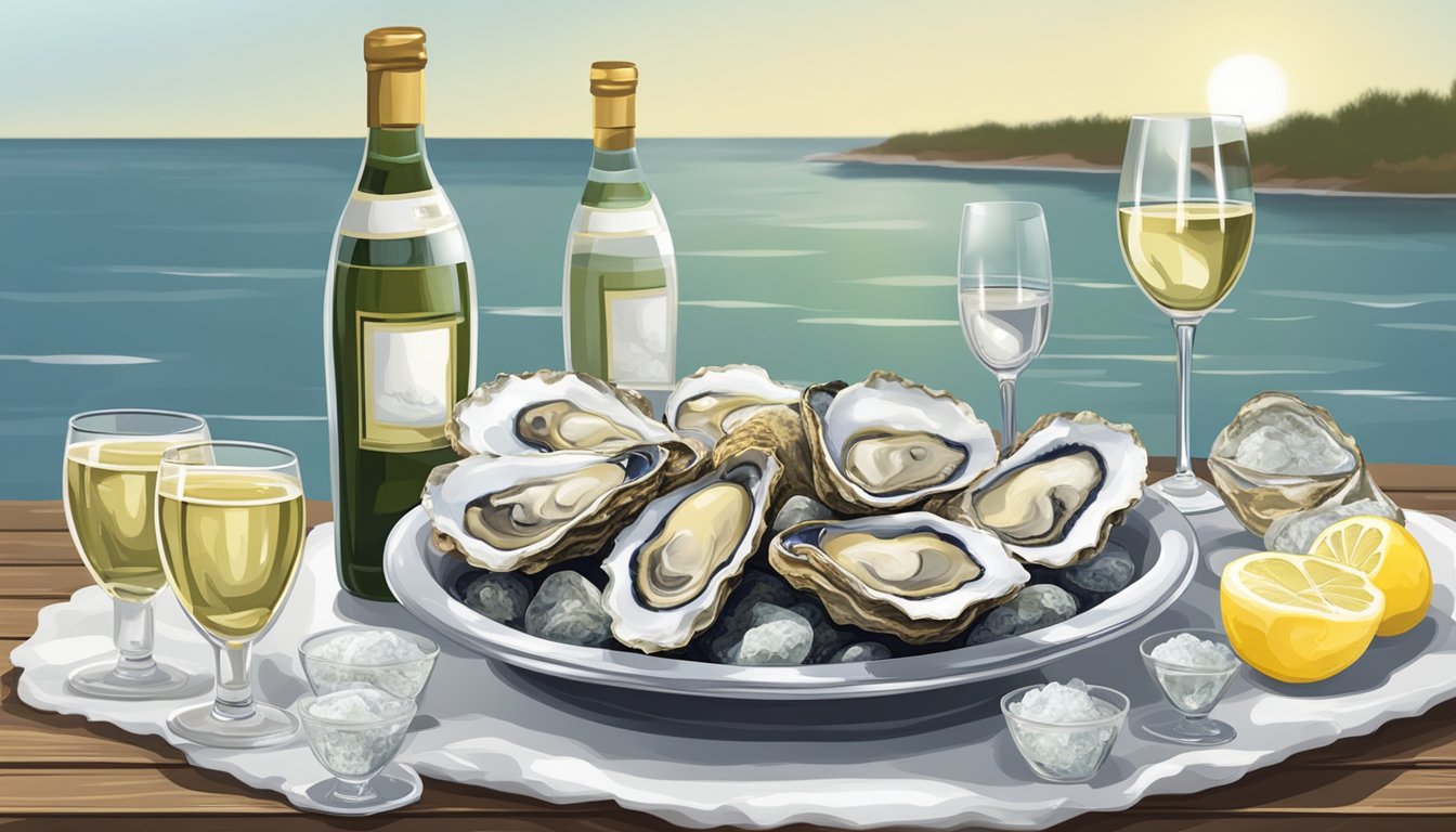 A table set with a platter of freshly shucked oysters and a bottle of white wine on ice