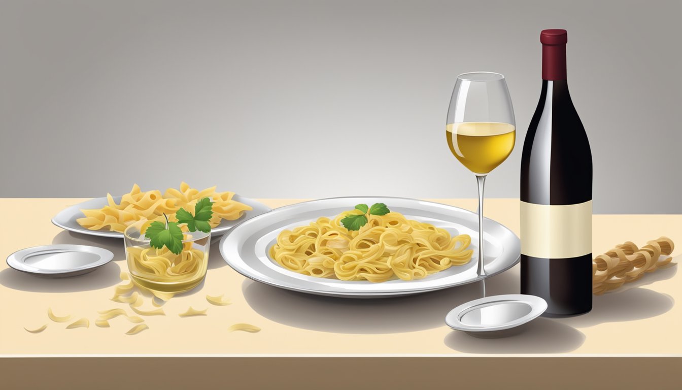 A table set with a plate of pasta, a glass of red wine, and a bottle of white wine