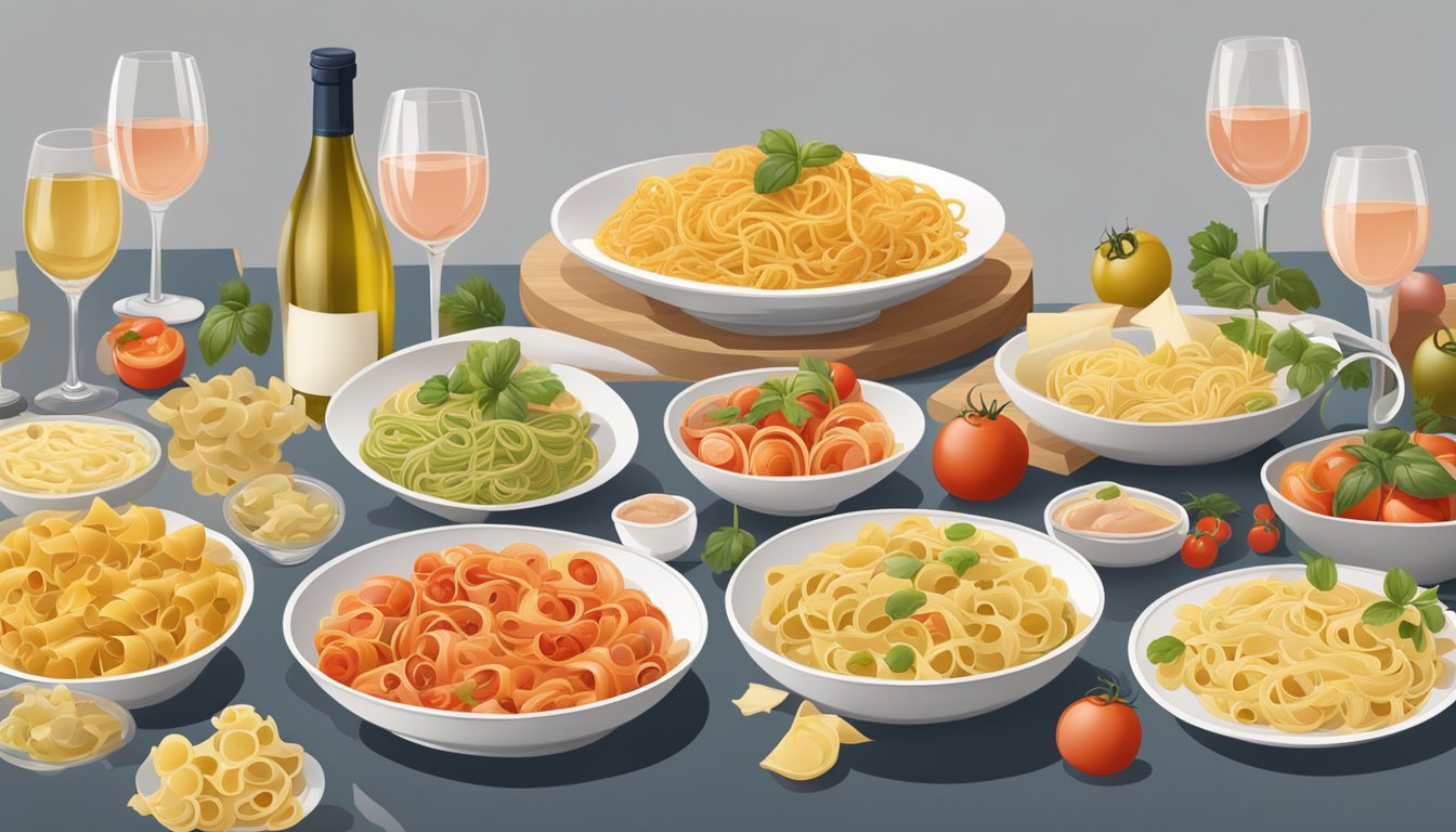 A table set with a variety of white and rosé wines, accompanied by a spread of tomato-based pasta dishes