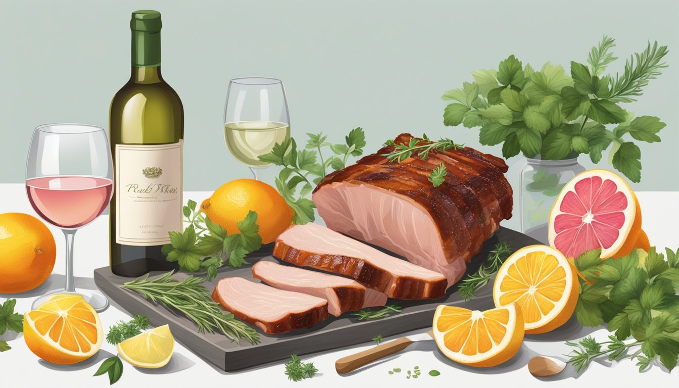 A table set with a rack of pork ribs, a bottle of white wine, and a bottle of rosé wine, surrounded by fresh herbs and citrus fruits