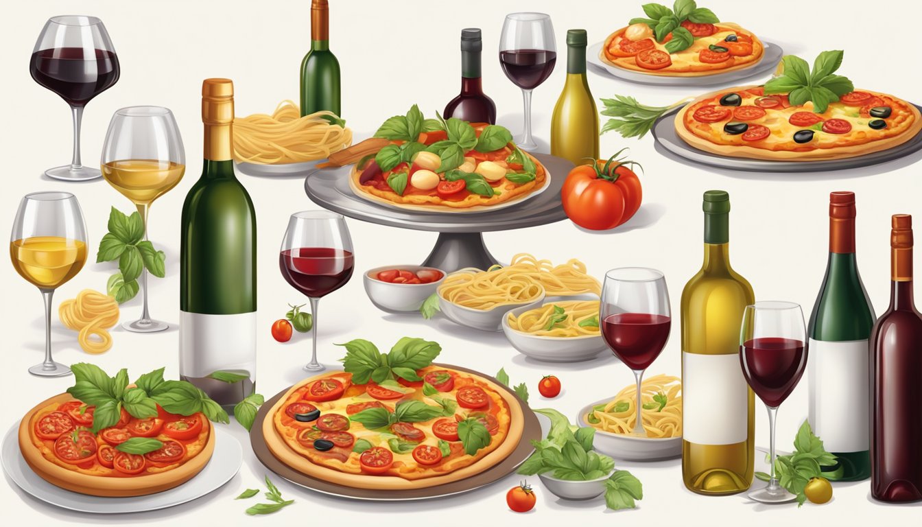 A table set with a variety of tomato-based dishes, such as pasta and pizza, alongside different types of wine bottles and glasses