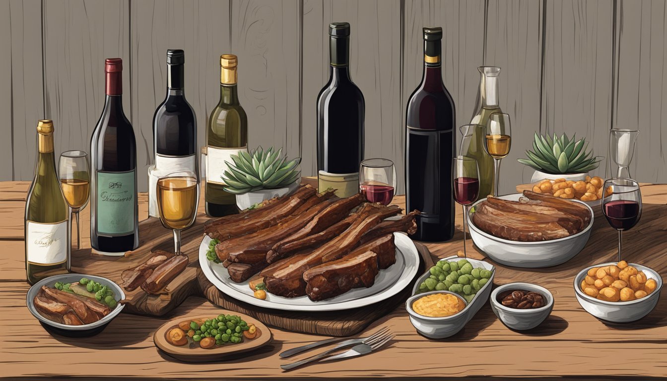 A rustic wooden table set with a platter of succulent pork ribs and an array of wine bottles, showcasing unconventional choices for pairing