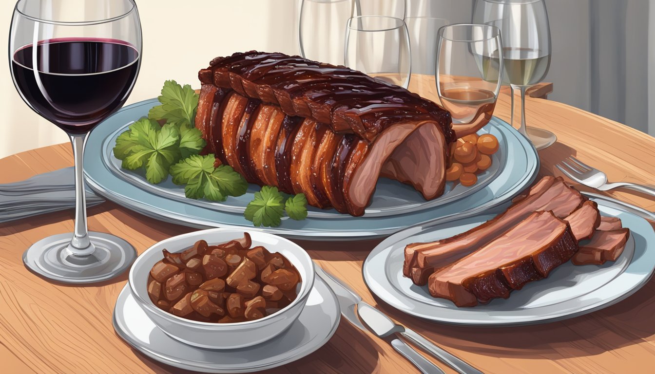 A table set with a rack of pork ribs, a bottle of red wine, and two wine glasses