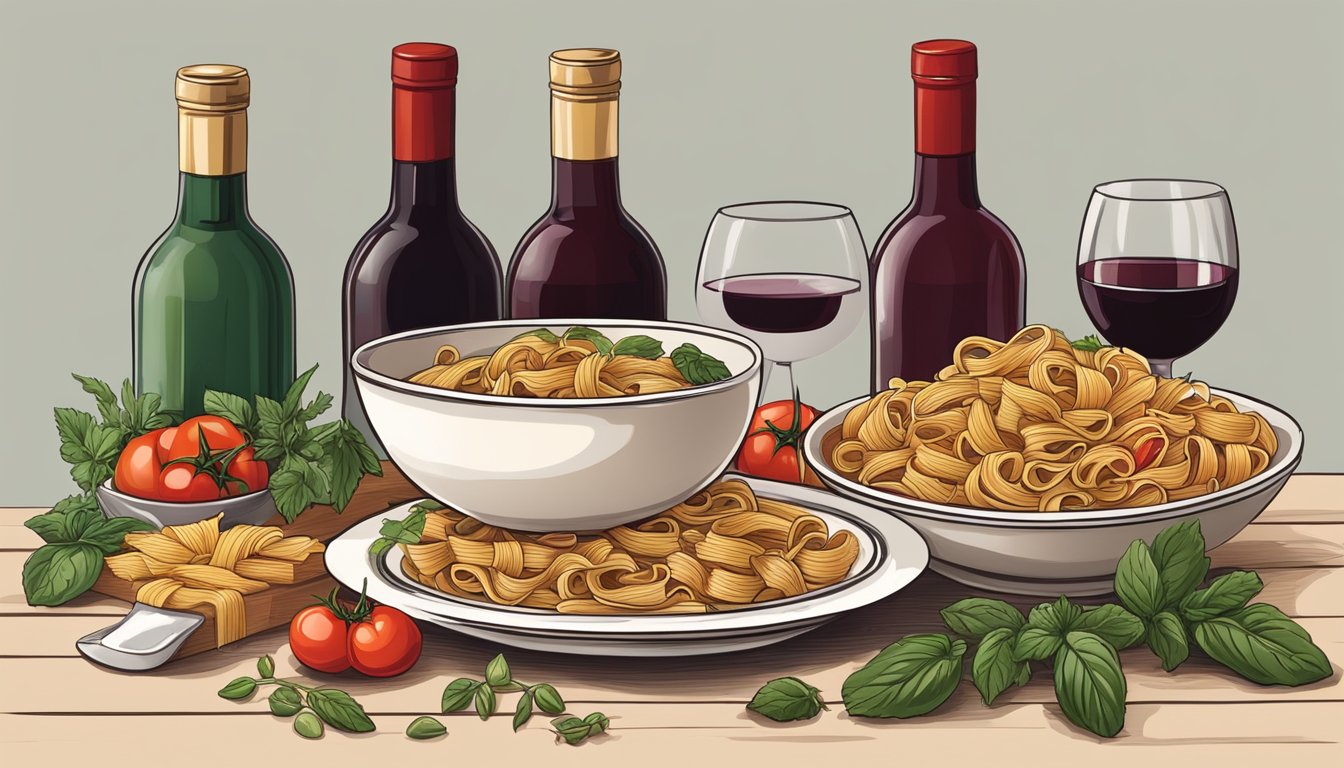 A table set with a bowl of tomato-based pasta, surrounded by various herbs and spices, with a bottle of red wine and wine glass