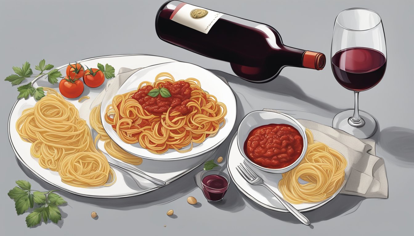 A bottle of red wine sits next to a plate of pasta with tomato sauce, while a wine glass is being filled with the red liquid