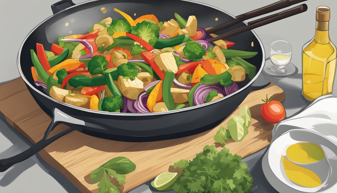 A colorful vegetable stir-fry sizzling in a hot wok, with a bottle of white wine and a glass on a table nearby