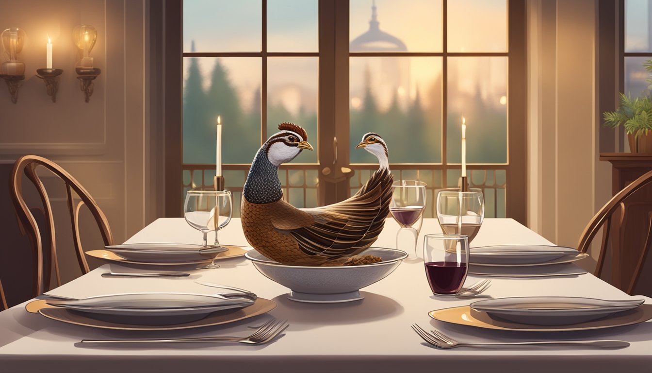 A table set with a roasted quail, a glass of red wine, and elegant dinnerware, surrounded by a cozy dining room with soft lighting