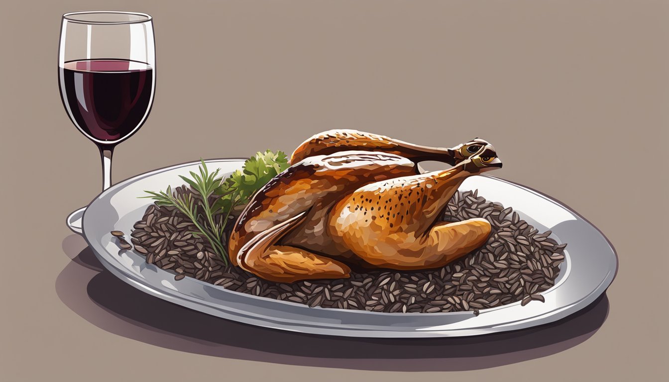 A roasted quail on a bed of wild rice, accompanied by a glass of red wine