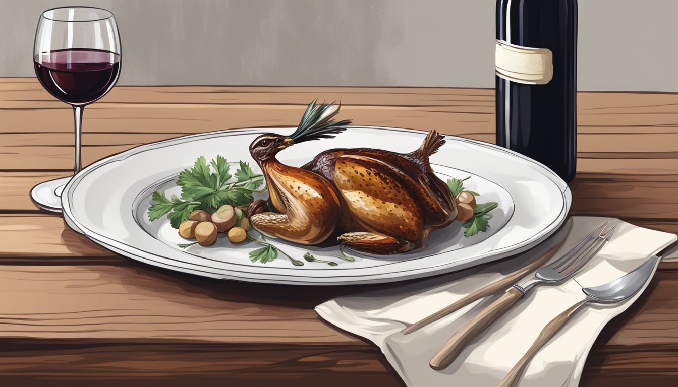 A rustic table set with a roasted quail, accompanied by a glass of rich red wine and a bottle of crisp white wine