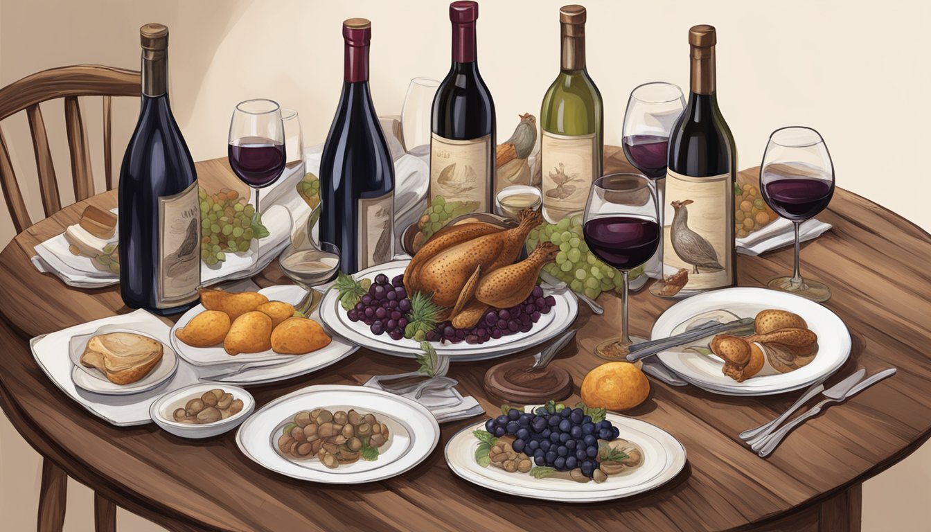 A rustic table set with a platter of roasted quail, surrounded by bottles of red wine varietals such as Pinot Noir, Merlot, and Syrah