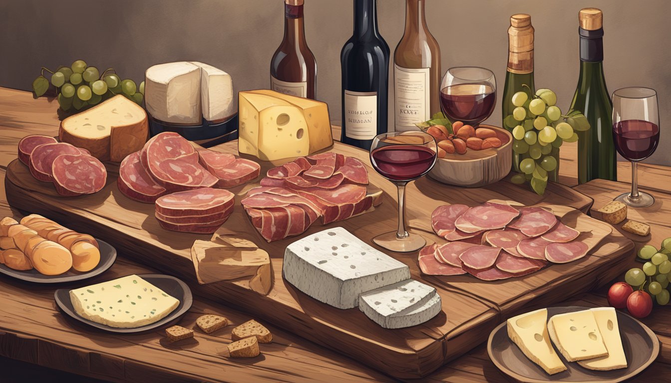 A spread of assorted cured meats and cheeses, accompanied by a selection of wine bottles and glasses on a rustic wooden table