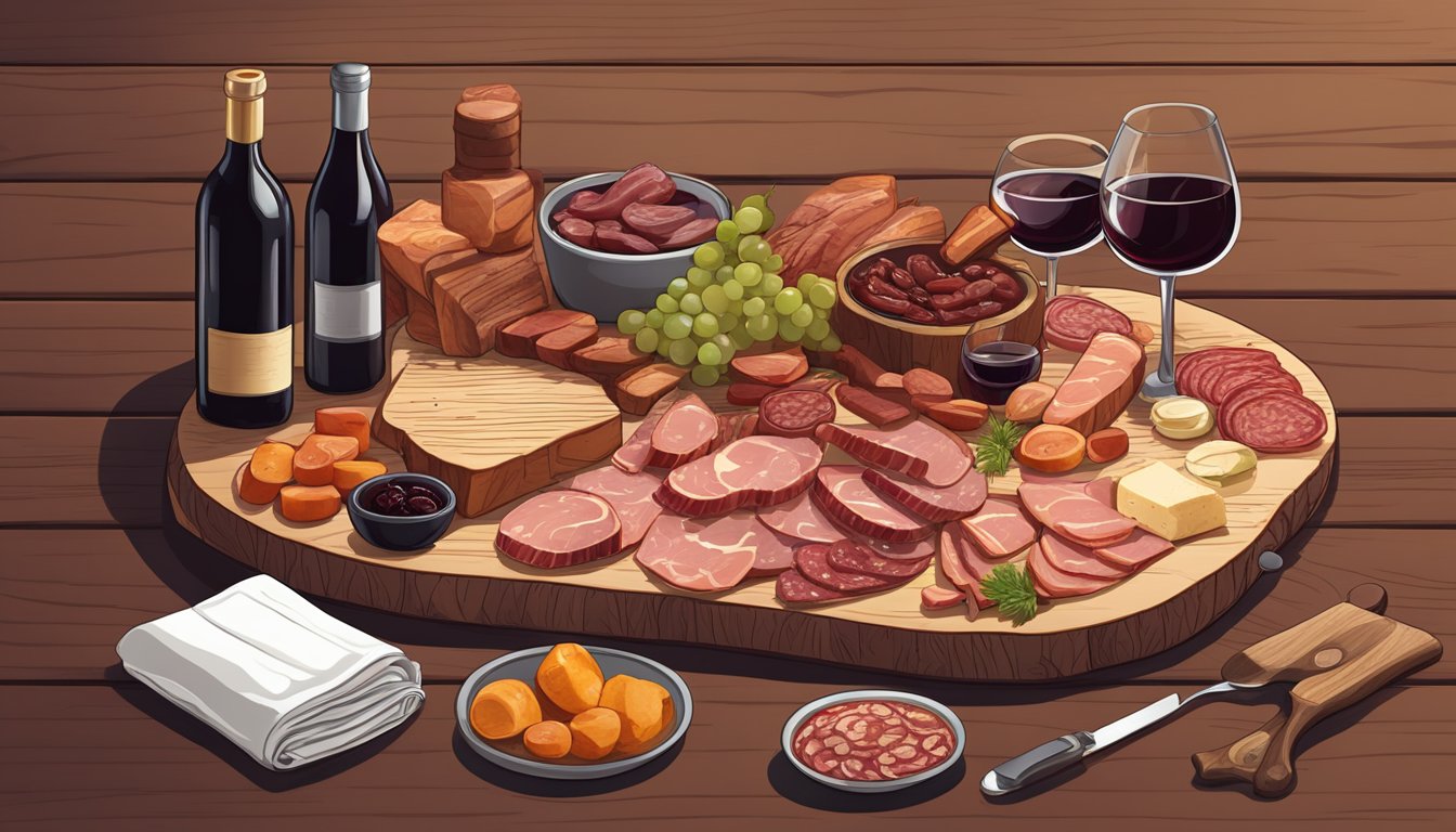 A charcuterie board with assorted cured meats and a bottle of red wine on a wooden table