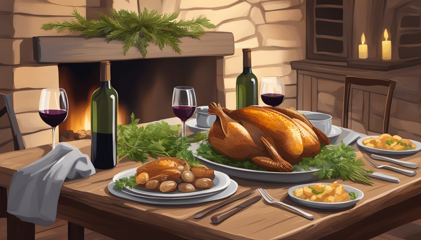 A rustic table set with roasted quail, fresh herbs, and a variety of wine bottles, with a cozy fireplace in the background