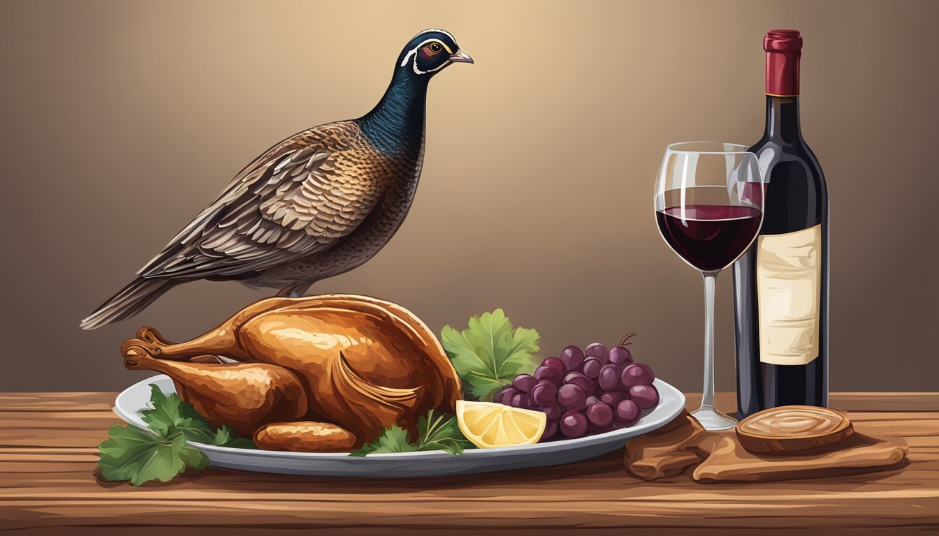 A bottle of red wine and a roasted quail on a rustic wooden table