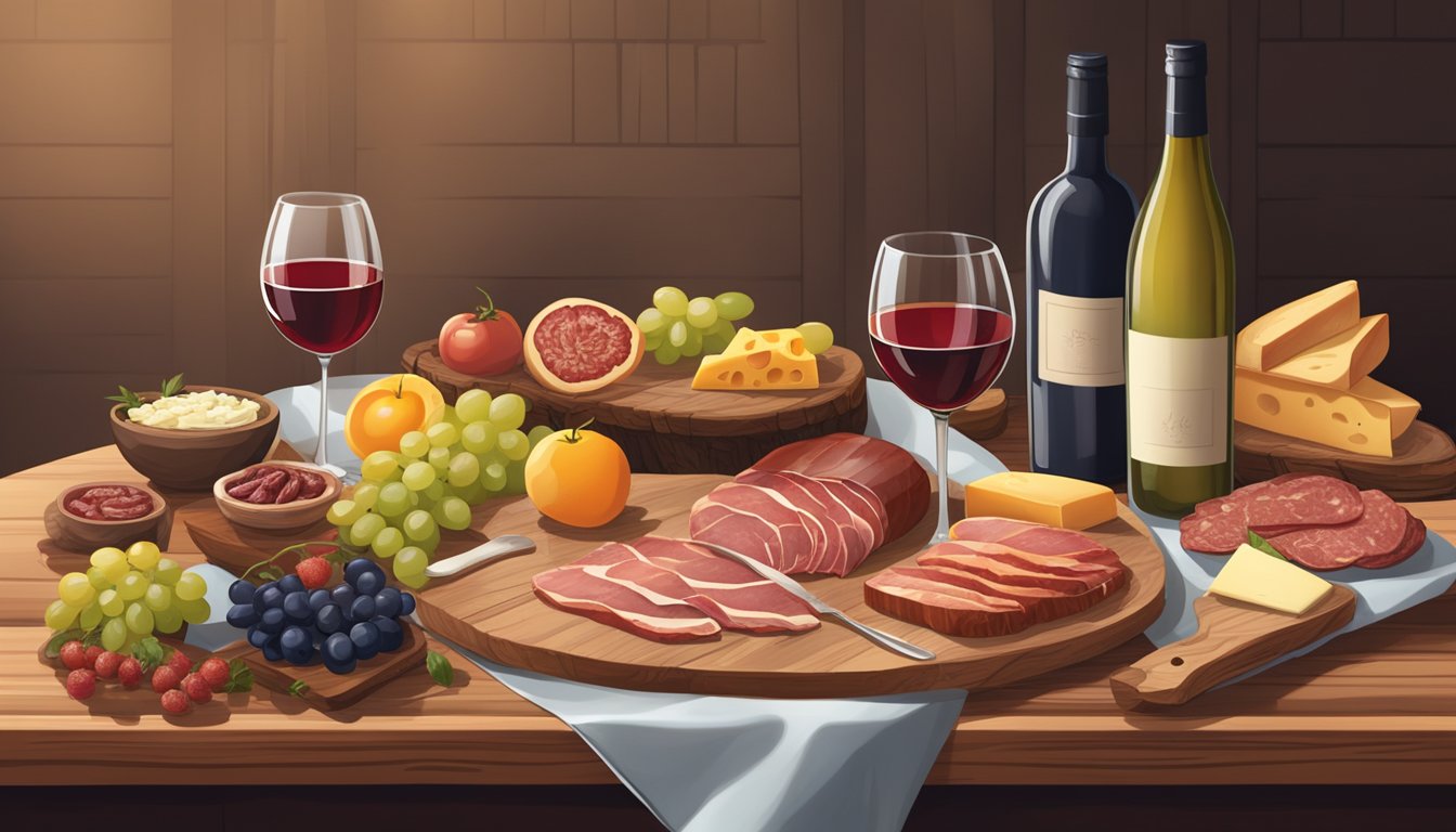 A rustic wooden table set with an assortment of cured meats and a selection of wine bottles, accompanied by cheese and fresh fruit