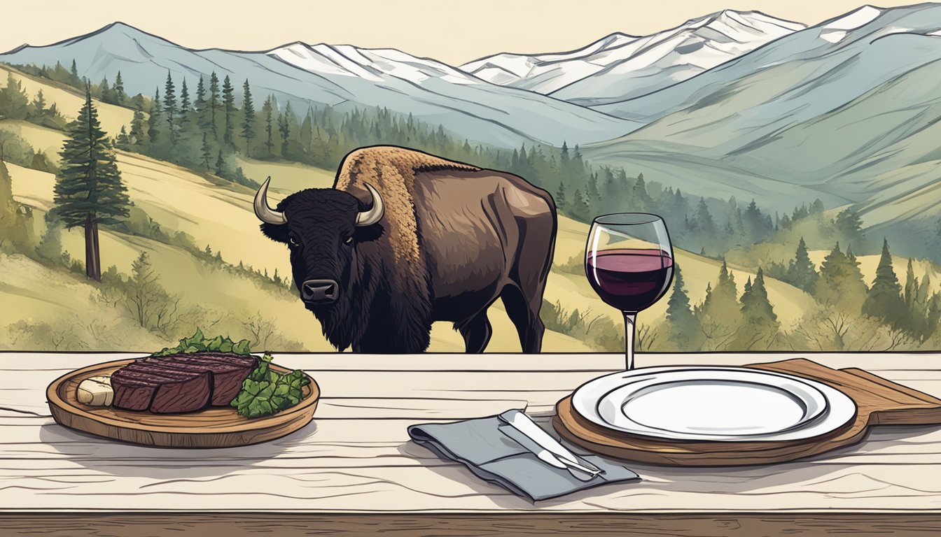 A rustic table set with a grilled bison steak, accompanied by a glass of full-bodied red wine, surrounded by earthy, natural elements