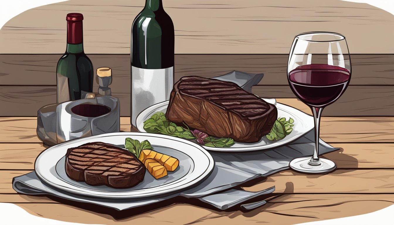 A rustic table set with a grilled bison steak, accompanied by a bottle of rich red wine and a glass