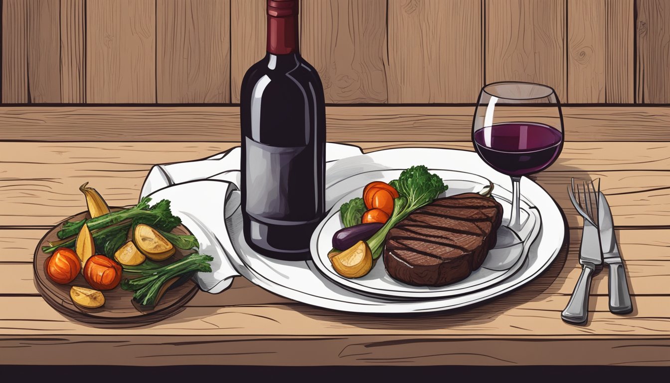 A bottle of red wine next to a plate of bison steak and roasted vegetables on a rustic wooden table