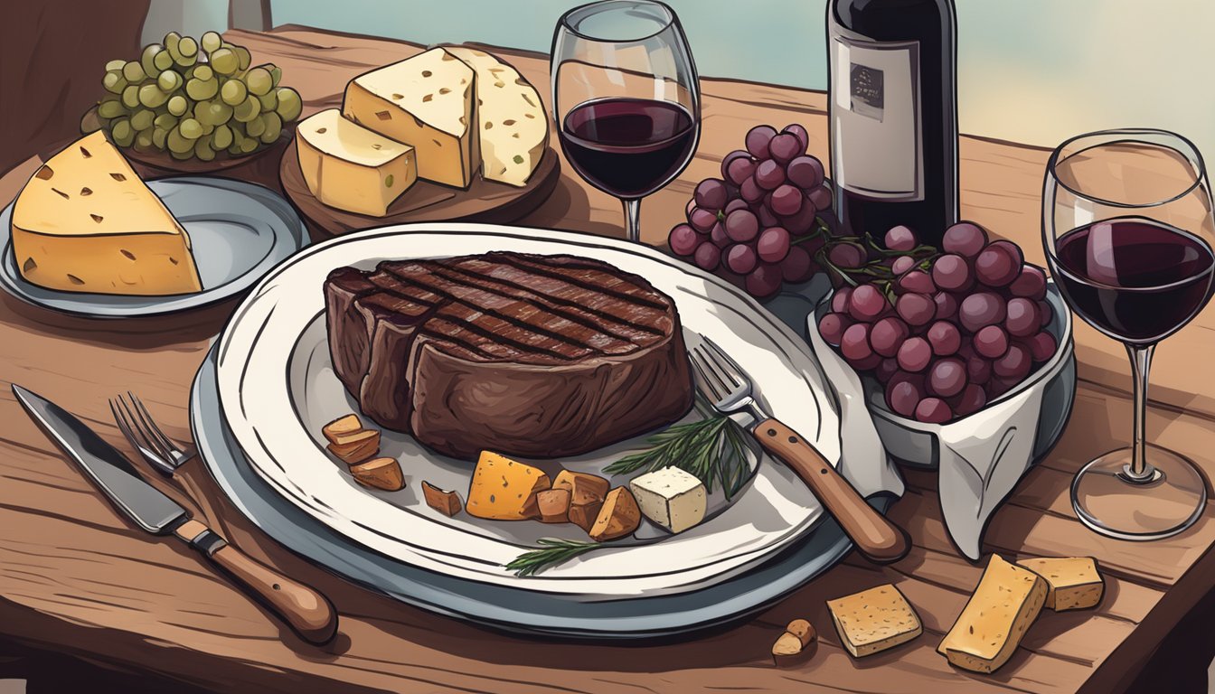 A rustic table set with a grilled bison steak, alongside a bottle of bold red wine and a selection of artisanal cheeses