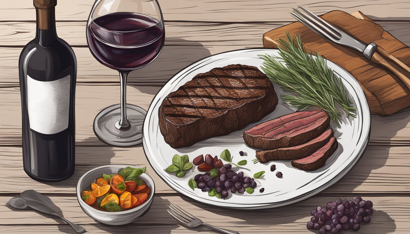 A rustic table set with a grilled bison steak, a bottle of red wine, and a selection of herbs and spices