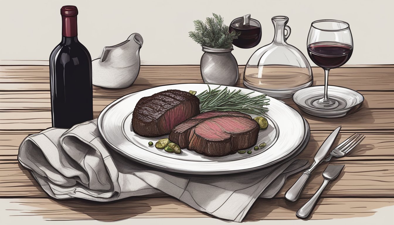 A rustic table set with a seared bison steak, roasted vegetables, and a bottle of rich red wine