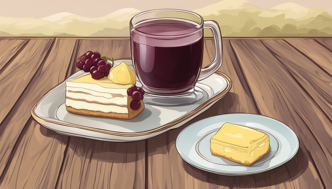 A glass of red wine next to a plate of creamy and custard desserts on a wooden table