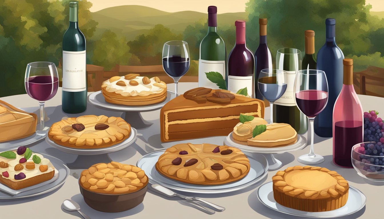 A table set with assorted baked goods and pies, surrounded by various wine bottles and glasses