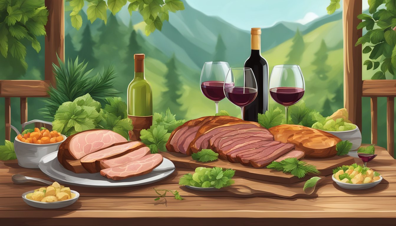 A rustic wooden table set with a variety of smoked meats and corresponding wine glasses, surrounded by lush greenery