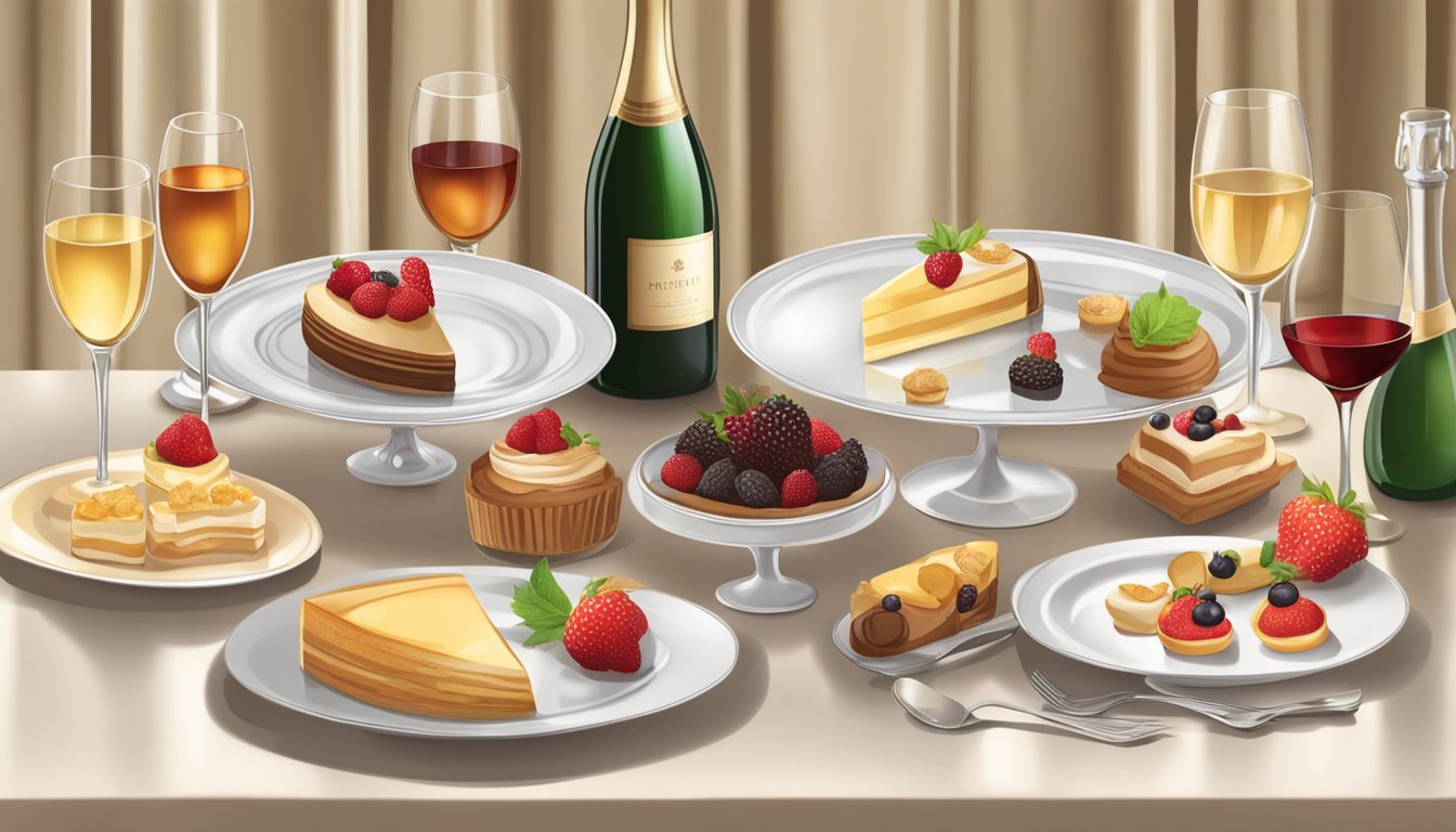 A table set with assorted desserts and bottles of sweet sparkling wines