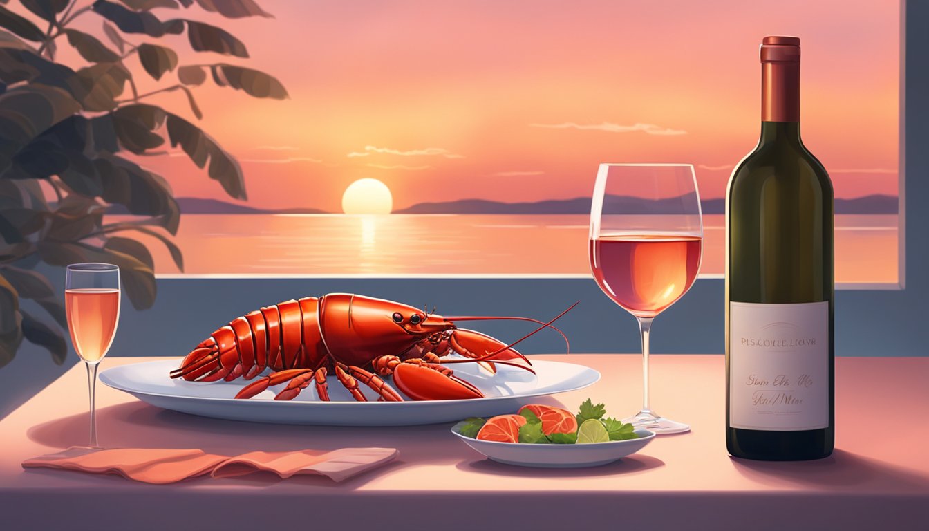 A table set with a steaming lobster, a bottle of rosé, and a light red wine. The sun sets in the background, casting a warm glow over the scene