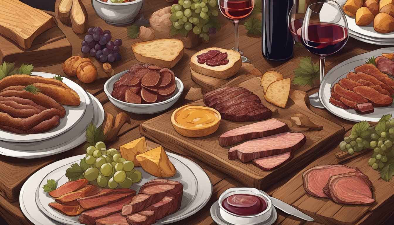 A rustic wooden table set with assorted smoked meats and an array of regional wines