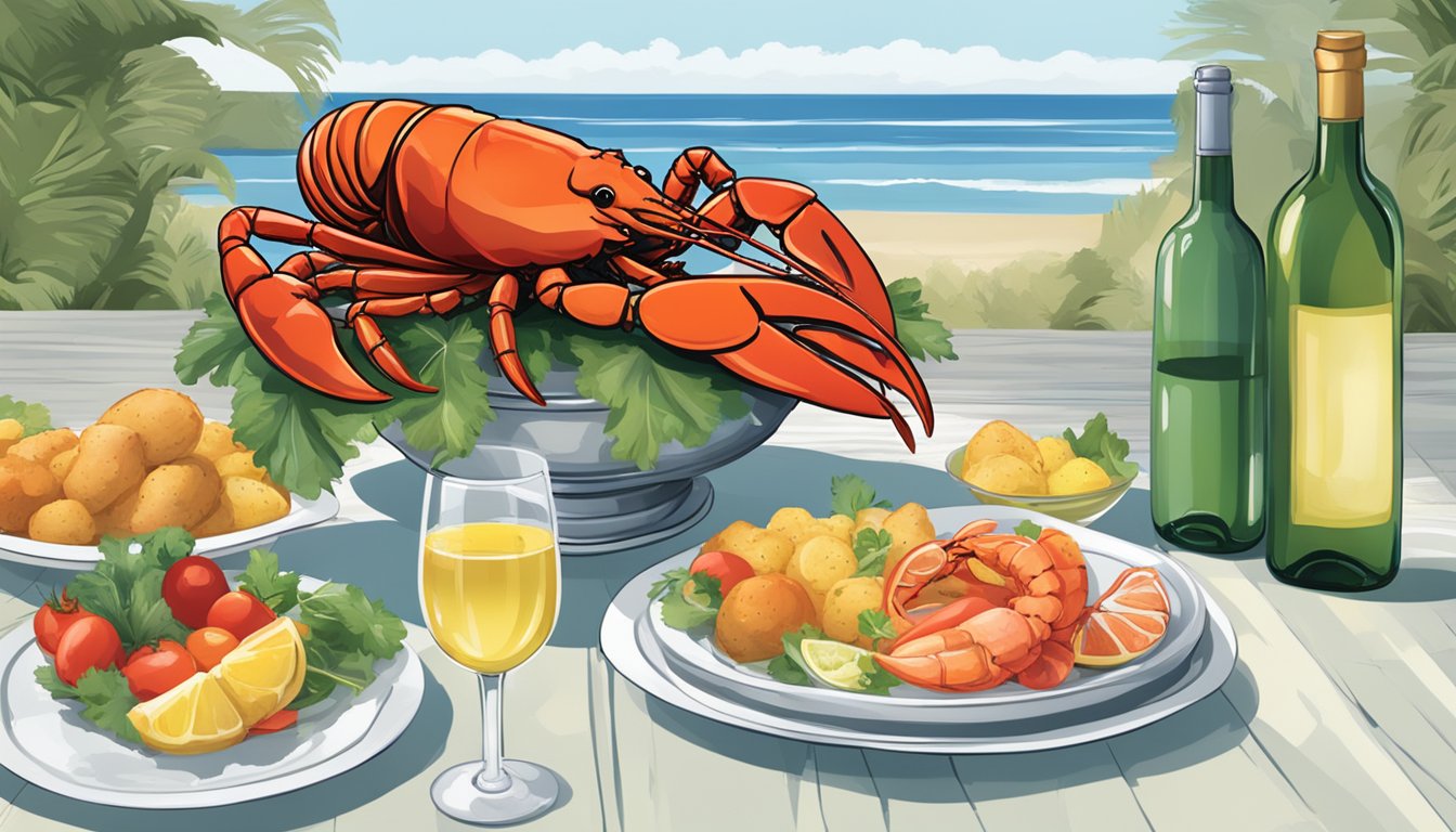 A table set with a steaming lobster, a bottle of white wine, and fresh local produce in a seaside setting