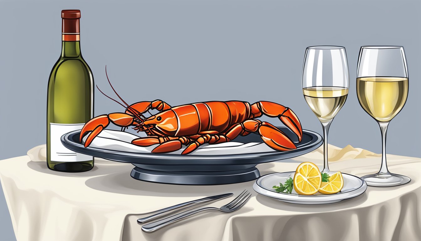 A table set with a steamed lobster, a glass of white wine, and a decorative napkin