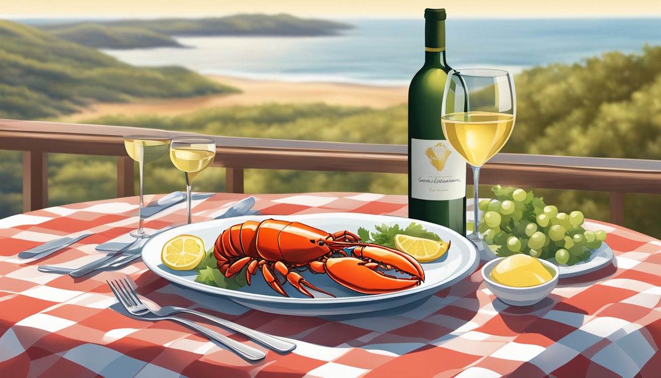 A table set with a steamed lobster, a glass of white wine, and a bottle of Chardonnay on a checkered tablecloth with a coastal backdrop