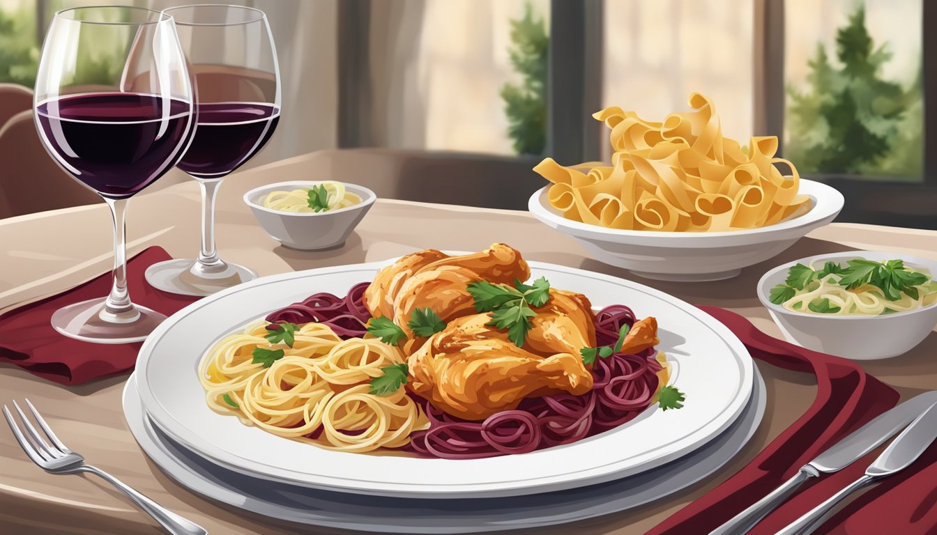 A table set with a plate of chicken fettuccine and a glass of red wine. The wine's deep red color and rich aroma complements the savory dish