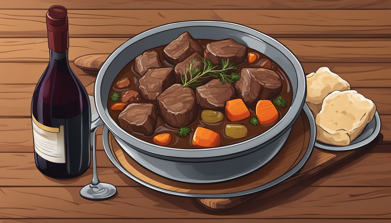 A steaming bowl of beef stew sits on a rustic wooden table, surrounded by a bottle of red wine and a few wine glasses