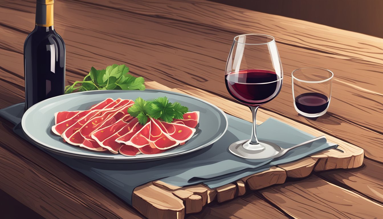 A plate of beef carpaccio with a glass of red wine on a rustic wooden table