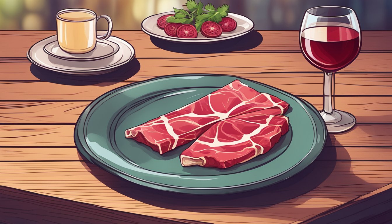 A glass of red wine next to a plate of beef carpaccio on a wooden table