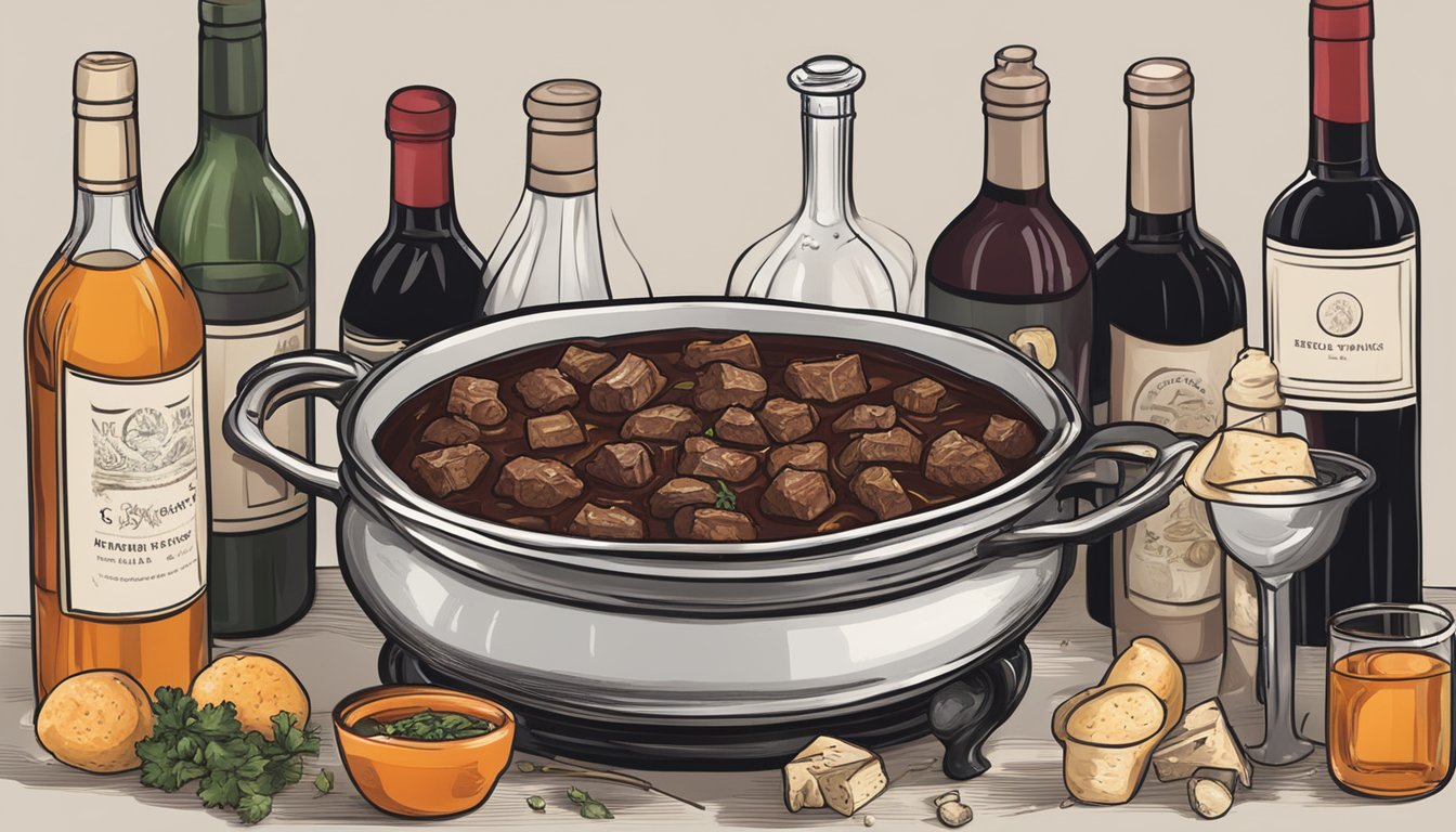 A bubbling pot of rich beef stew surrounded by bottles of red wine