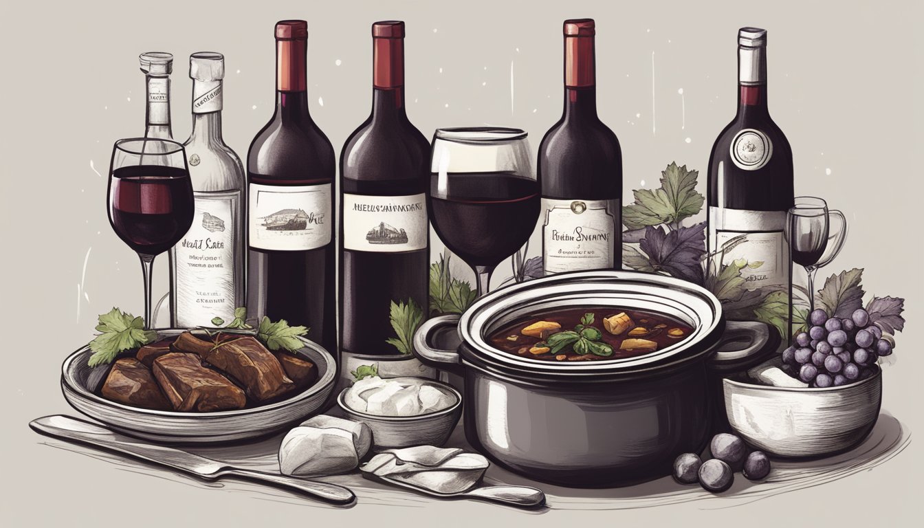 A hearty beef stew simmering in a pot beside a selection of rich red wines, including a bold Cabernet Sauvignon and a smooth Merlot