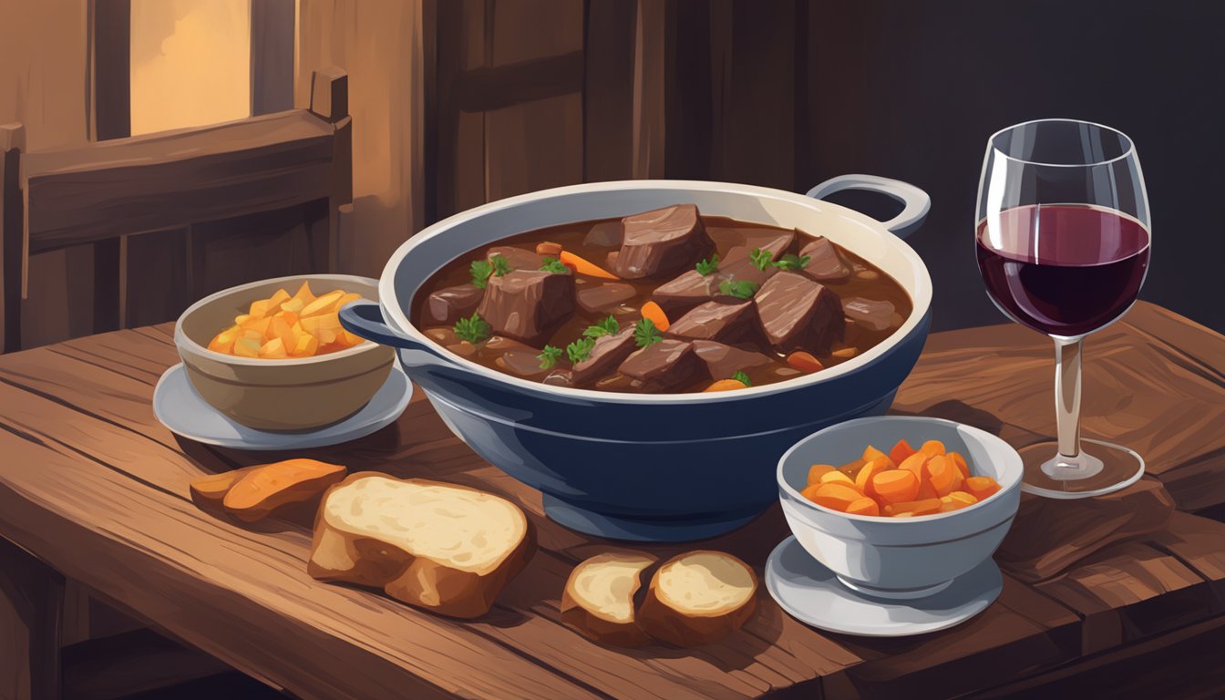 A steaming bowl of beef stew sits next to a glass of red wine on a rustic wooden table