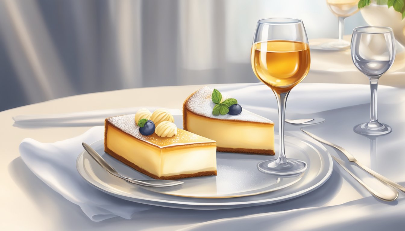 A glass of sweet dessert wine next to a plate of creamy desserts, such as cheesecake or crème brûlée, on a table set with elegant glassware and a white tablecloth