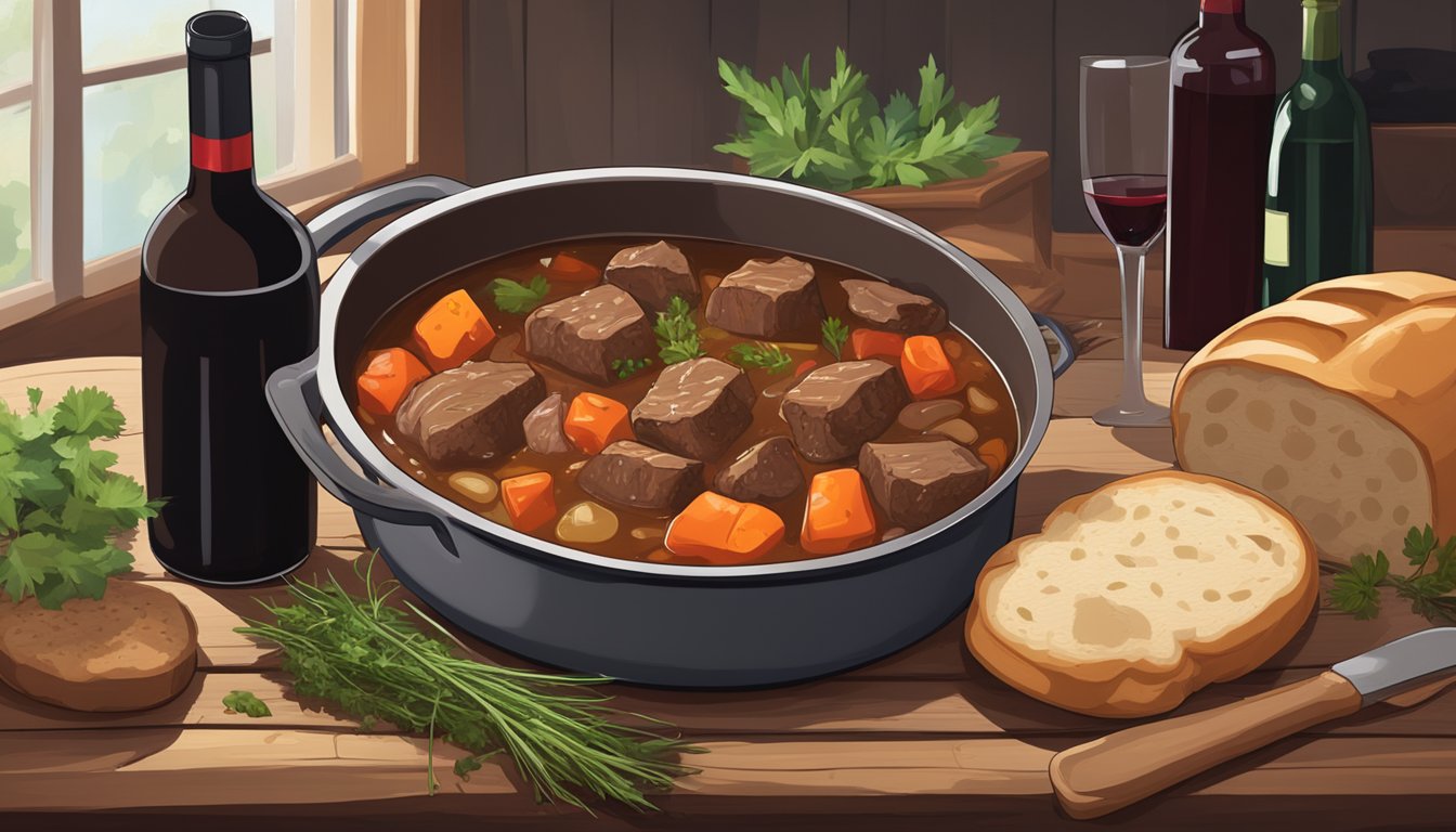 A hearty beef stew simmering in a pot on a rustic wooden table, surrounded by a bottle of red wine, fresh herbs, and a loaf of crusty bread