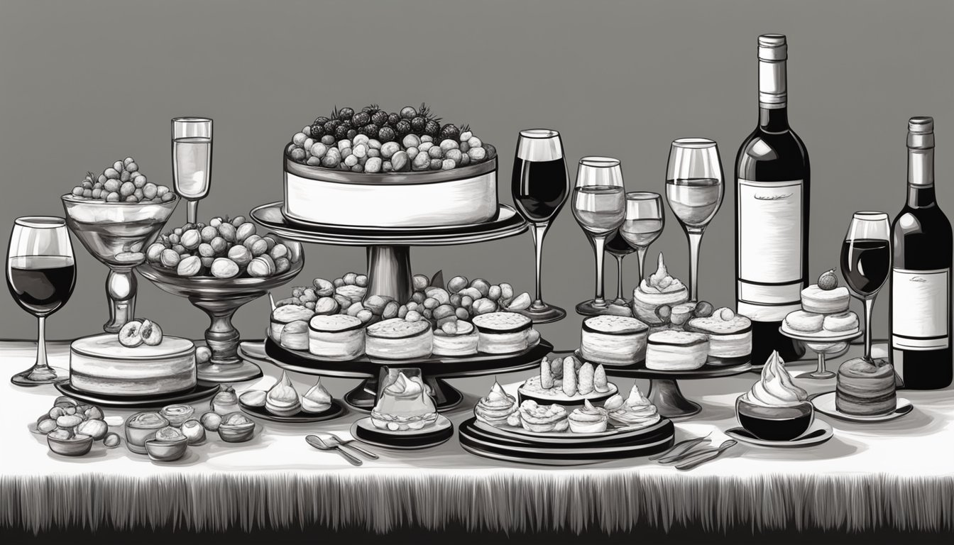 A table set with a variety of creamy desserts, surrounded by bottles of different wines, with elegant wine glasses ready to be filled