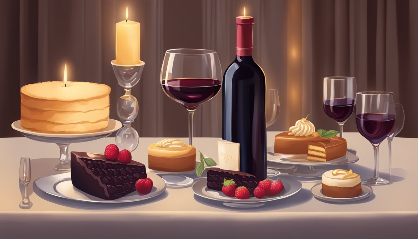 A bottle of rich, velvety red wine sits next to a decadent platter of creamy desserts, surrounded by elegant glassware and soft candlelight