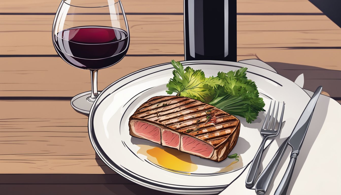 A grilled tuna steak on a white plate with a side of vegetables, paired with a glass of red wine on a wooden table